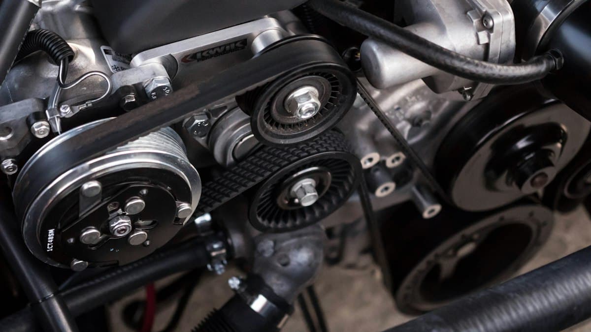 Close-up of an engine's belt and pulley system